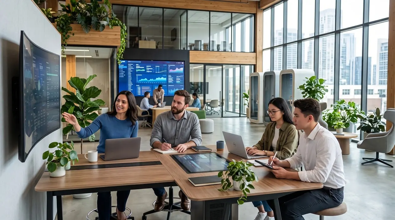 Diverse team of people collaborating around a table in a bright modern office with plants