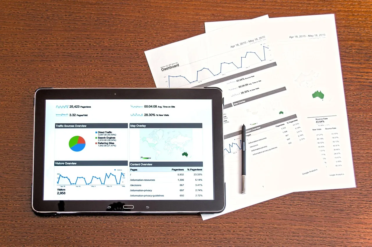 Tablet and printed papers showing website traffic analytics charts on a wooden desk